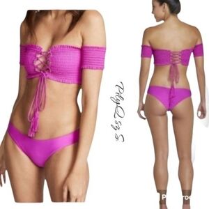 NWT PilyQ Fuchsia Smocked Off Shoulder Bikini Set Lace Up Pink S